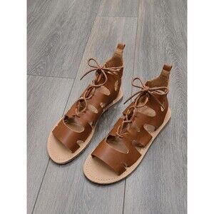 Wild Diva Womens 6.5 Brown Lace Up Gladiator Sandals Boho Cutout Flat